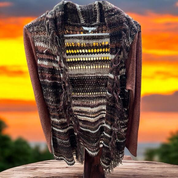 Buckle BKE Open Front Frayed Knit Fringe Sweater Gorgeous Earth Tones Small - Picture 5 of 5
